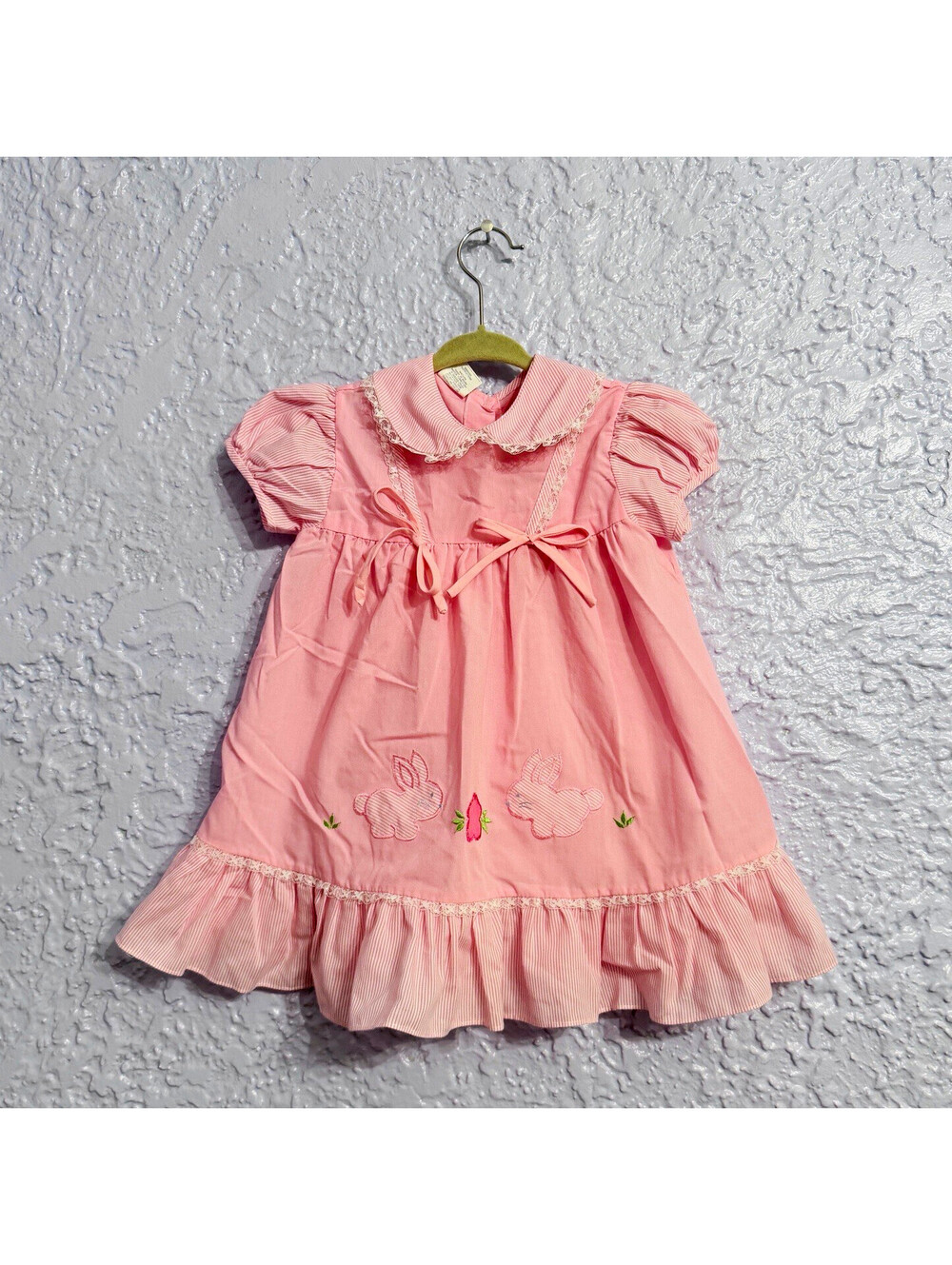 Vtg Cuties by Judy Pink Striped Bunny Embroidered Collared Puff Sleeve Dress 3T